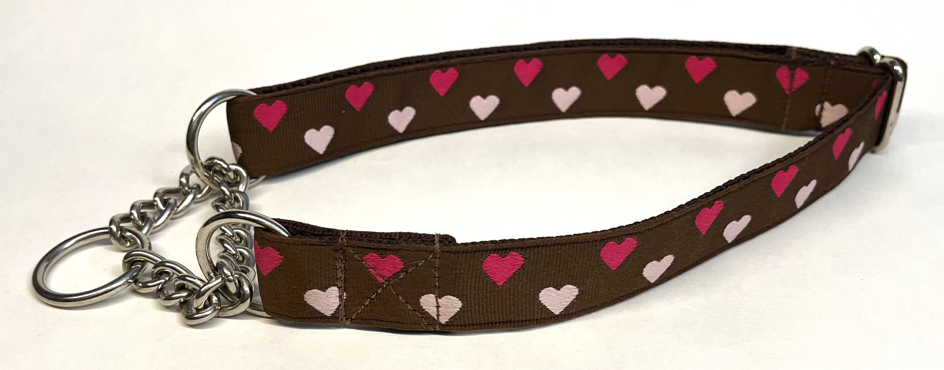 Brown with Pink and Dark Pink Hearts Chain Martingale Collar 1in