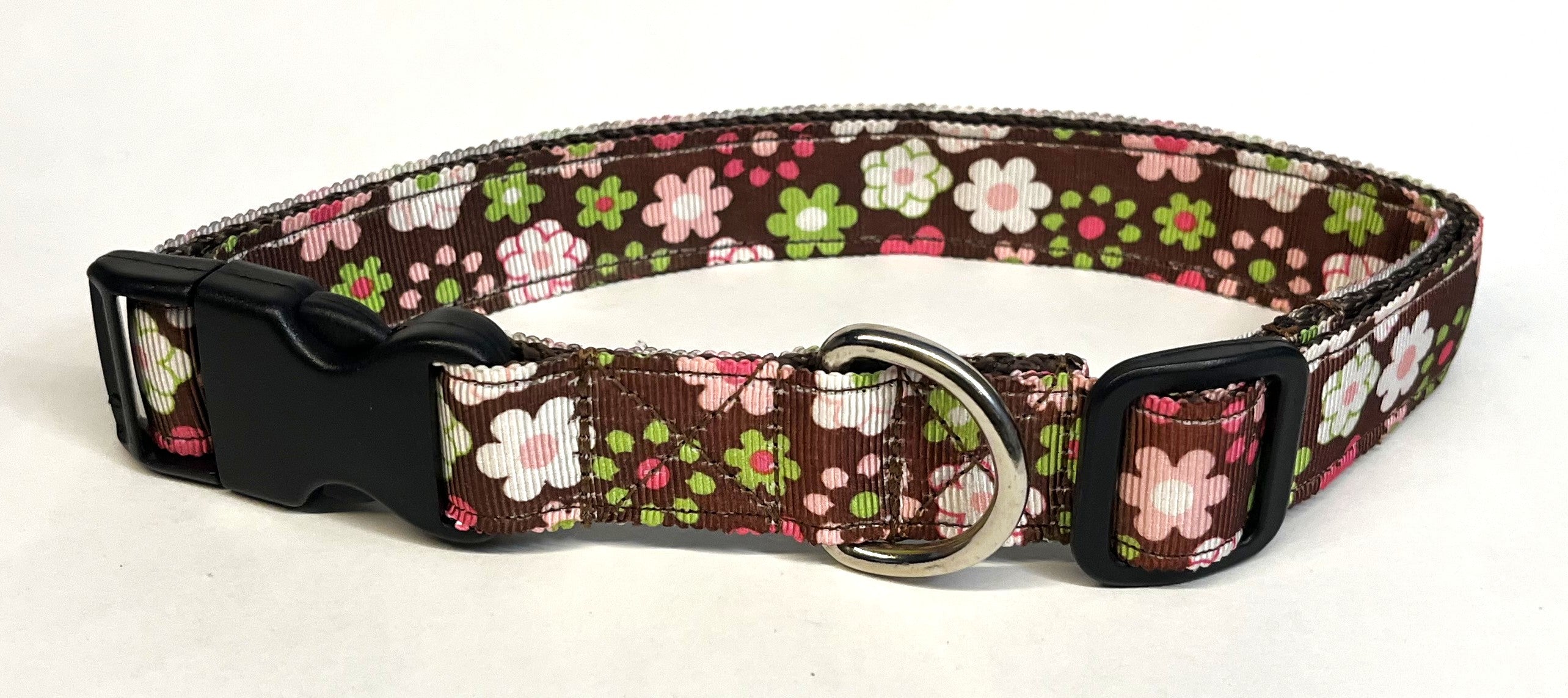 Brown with Pink Green White Flowers Dog Collar 1in