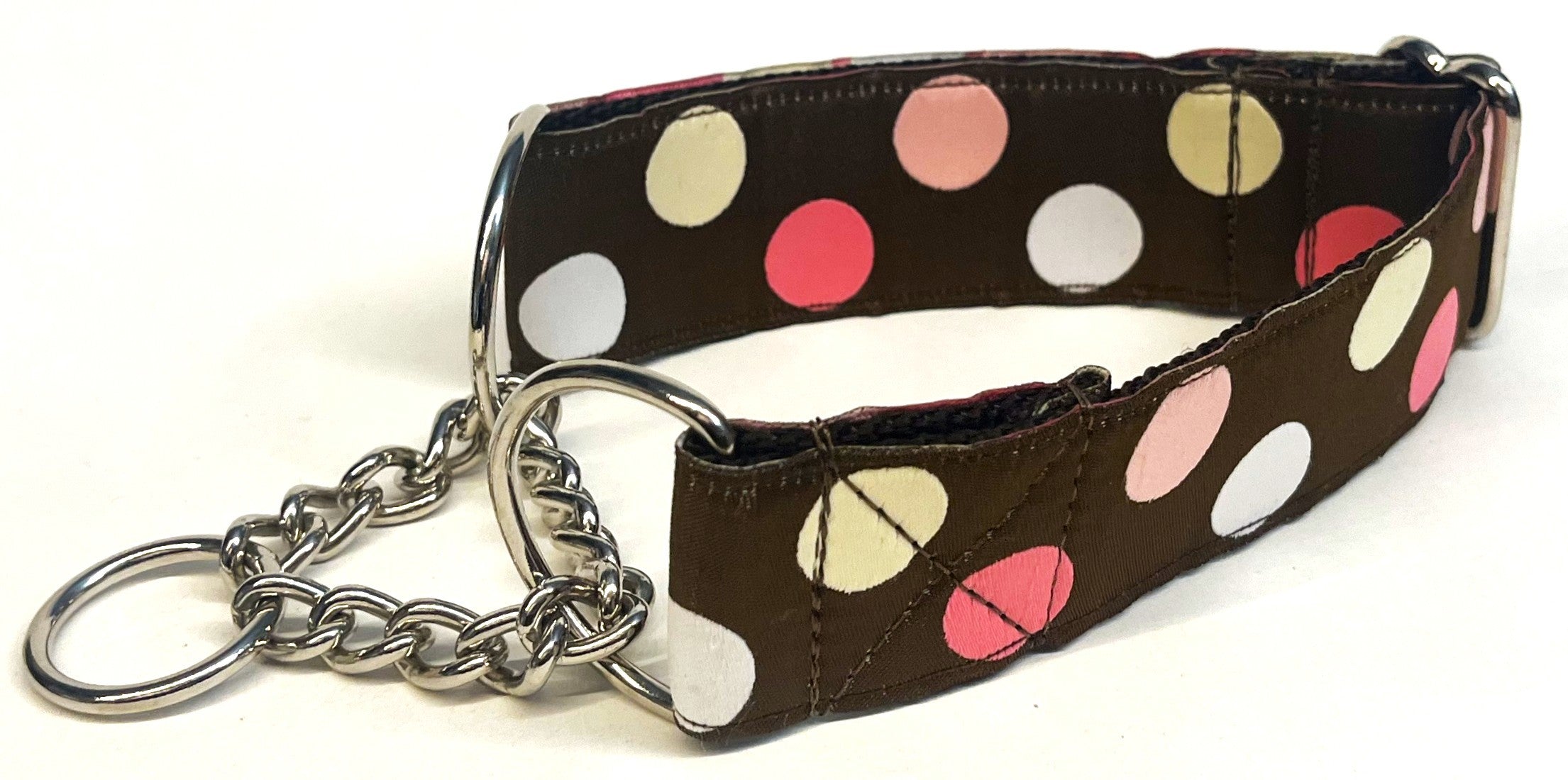 Brown with Pink, White, and Tan Dots Chain Martingale Collar 1 1/2 in