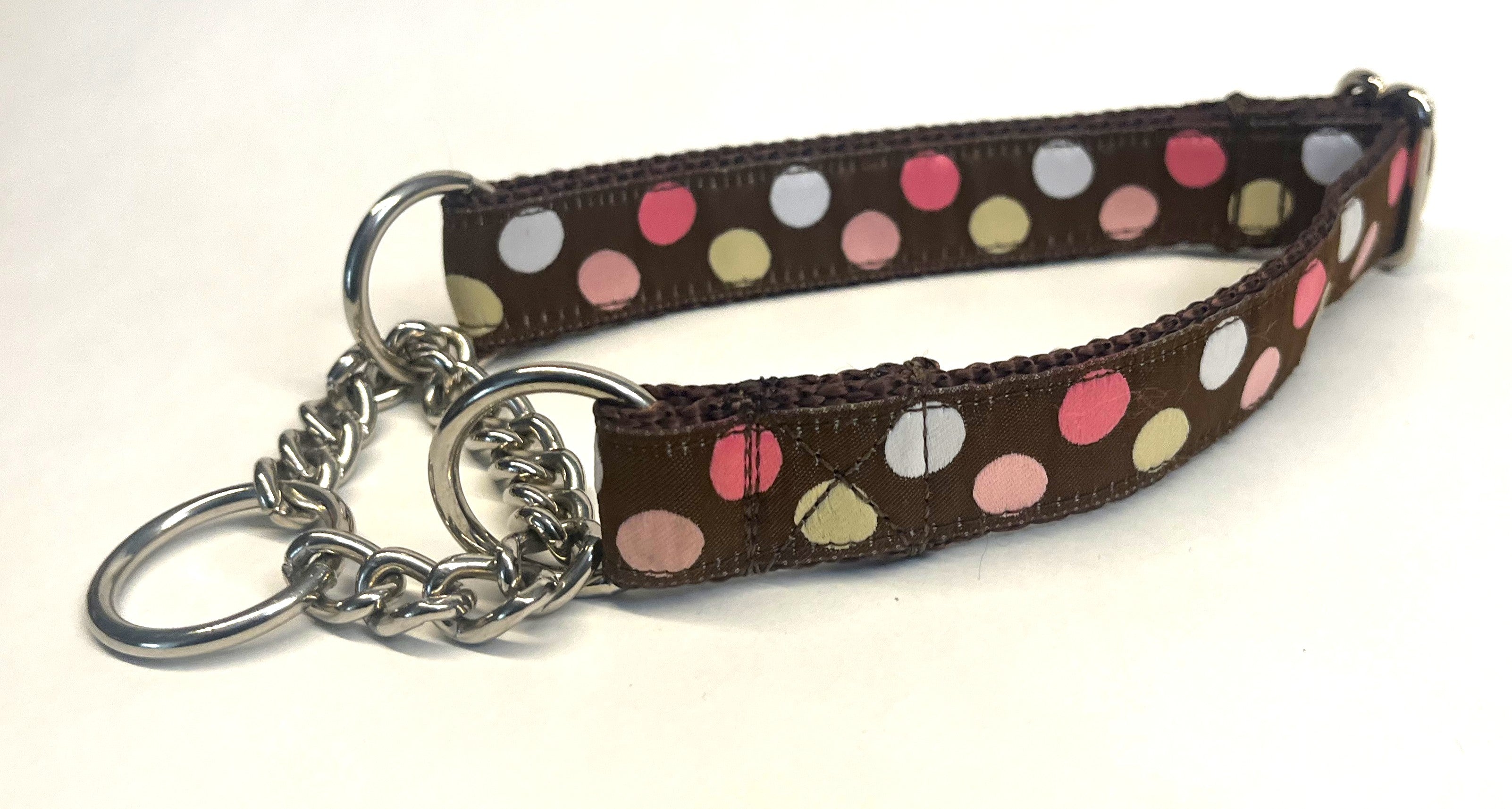 Brown with Pink, White and Tan Dots Chain Martingale Collar 1in