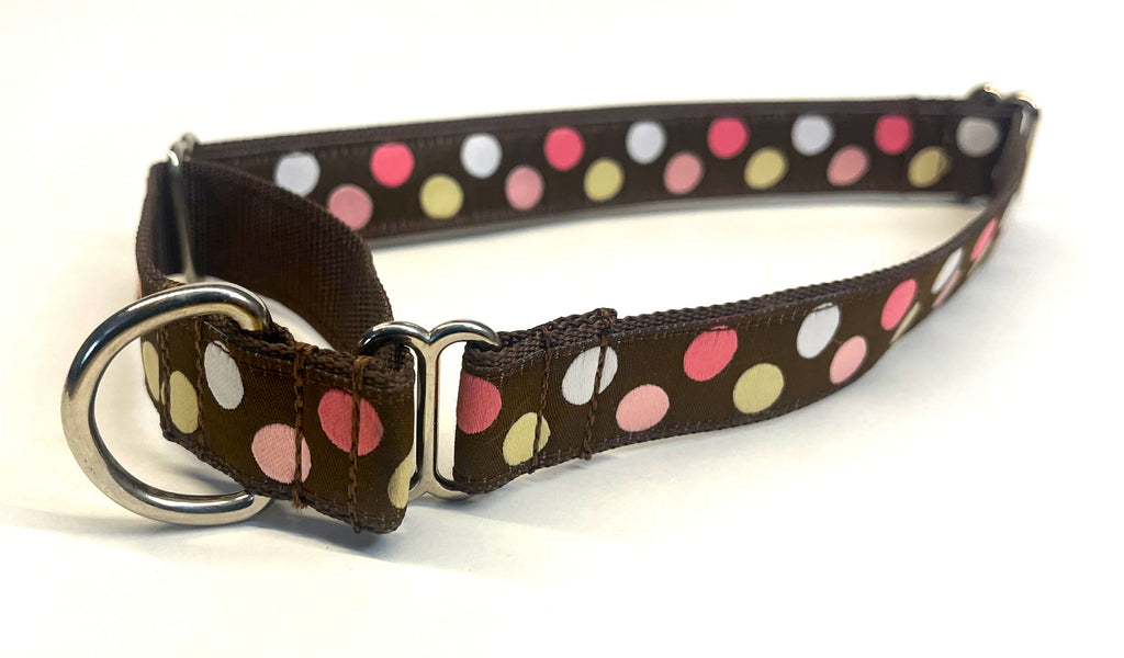 Brown with Pink, White and Tan Dots Martingale Collar 1in