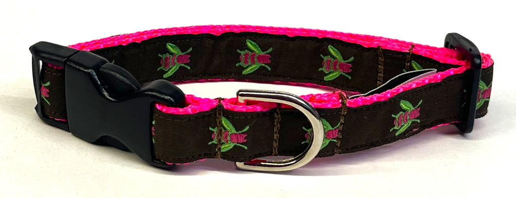 Brown with Pink and Green Flies Dog Collar 3/4