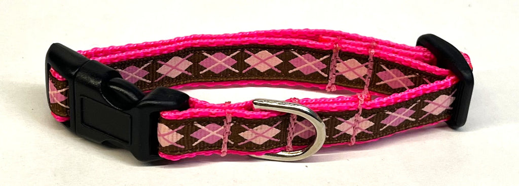Brown with Pink & Light Pink Argyle Dog Collar 1/2