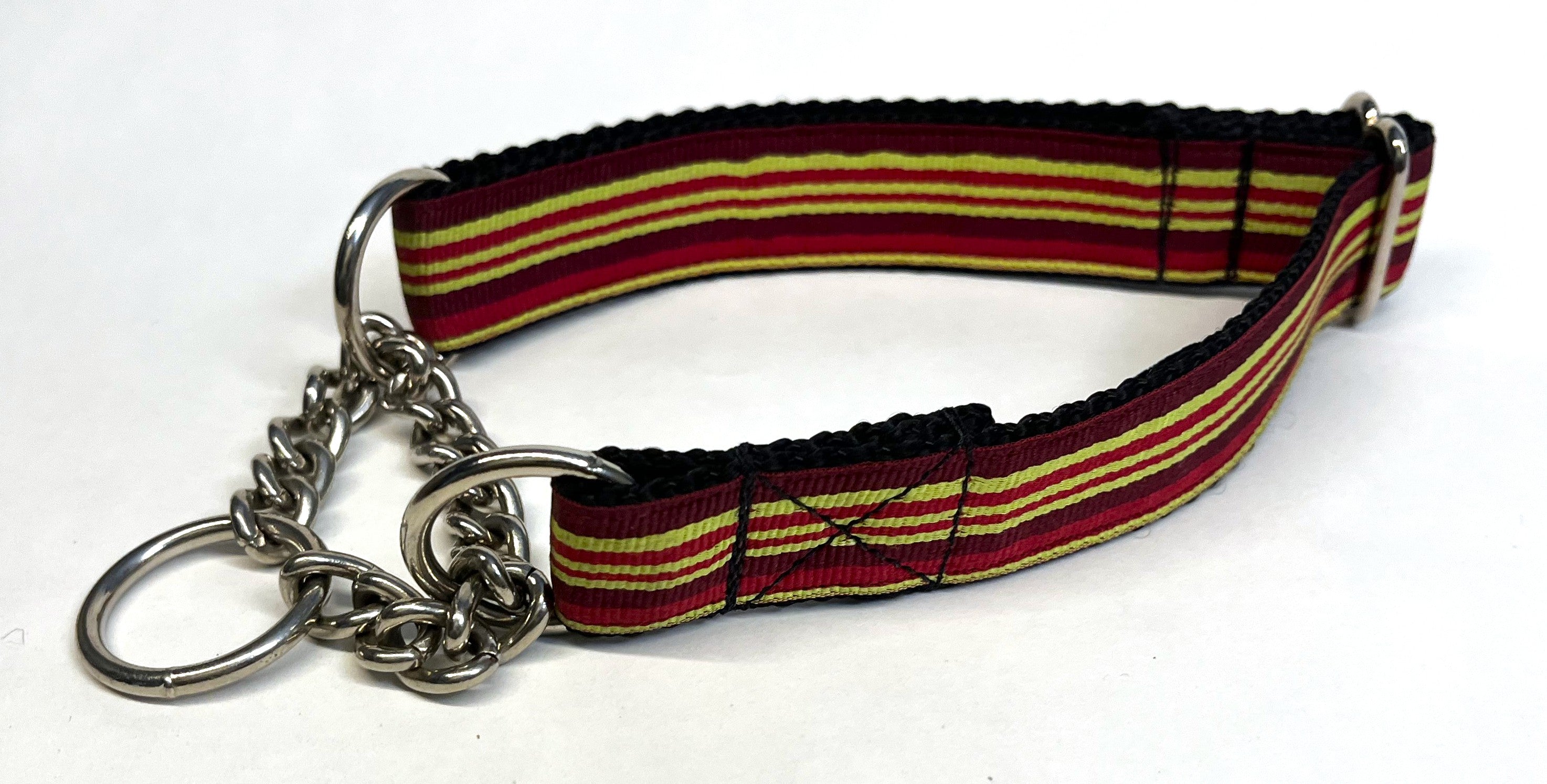 Burgundy, Lime Green, Red Stripes Chain Martingale Collar 1in