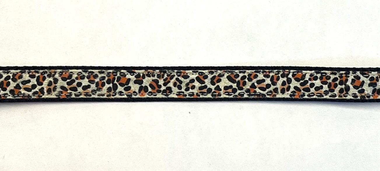 Cheetah print dog collar on black webbing, 1/2 inch width