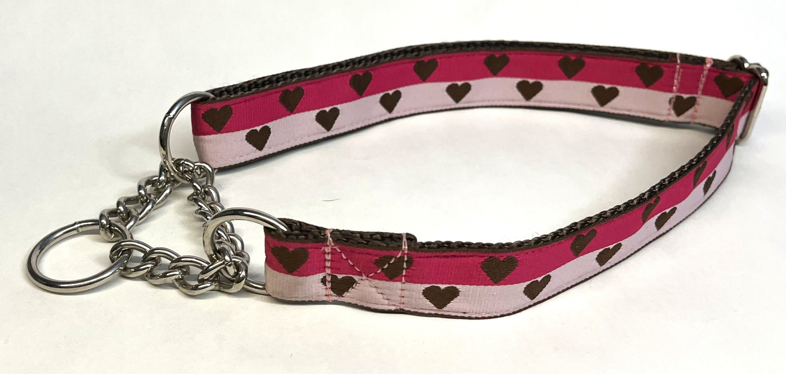 Dark Pink and Pink with Brown Hearts Chain Martingale Collar 1in
