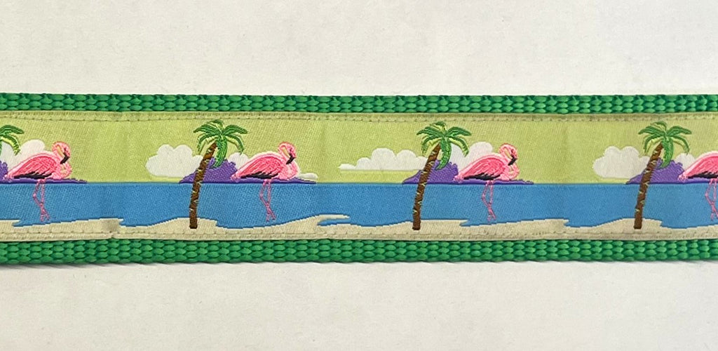 Green with Flamingos and Palm Trees Dog Collar 1 1/2 in