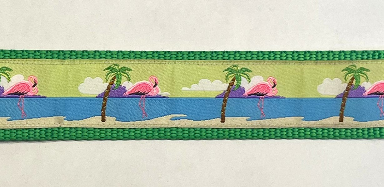 Green with Flamingos and Palm Trees Dog Collar 1 1/2 in