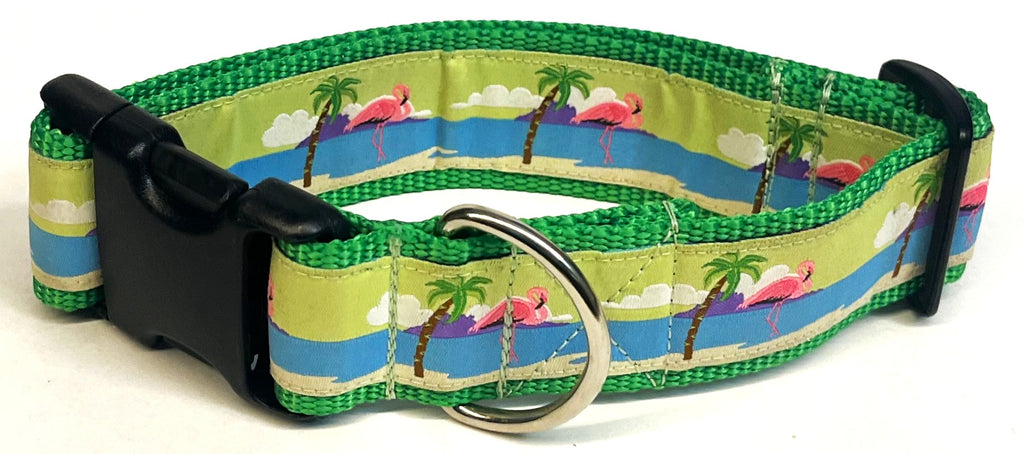 Flamingos and Palm Trees Dog Collar 1 1/2 in