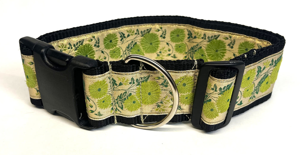 Gold with Green Flower and Vine Dog Collar 2in