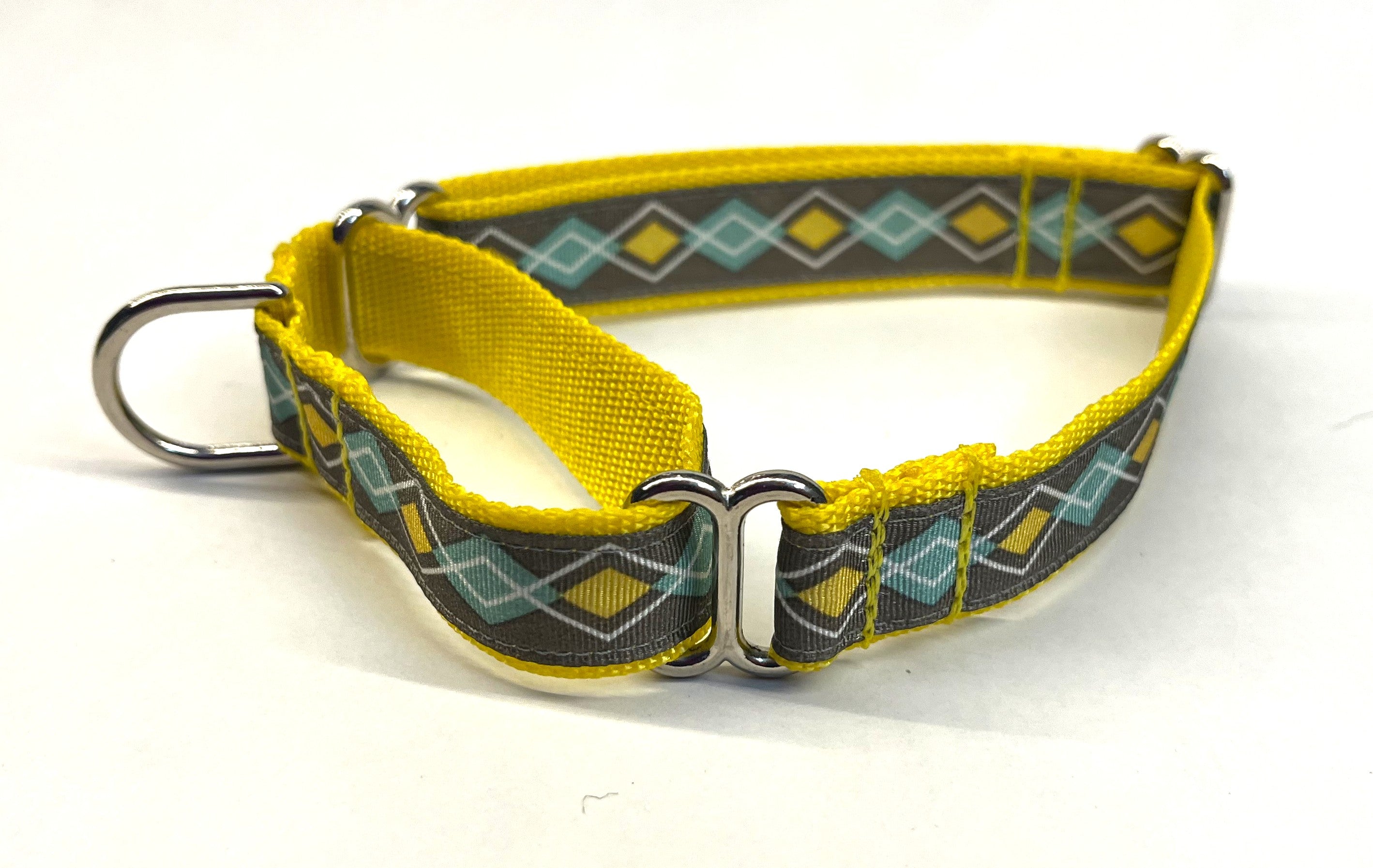 Gray with Seafoam Green and Yellow Argyle Design Martingale Collar 3/4