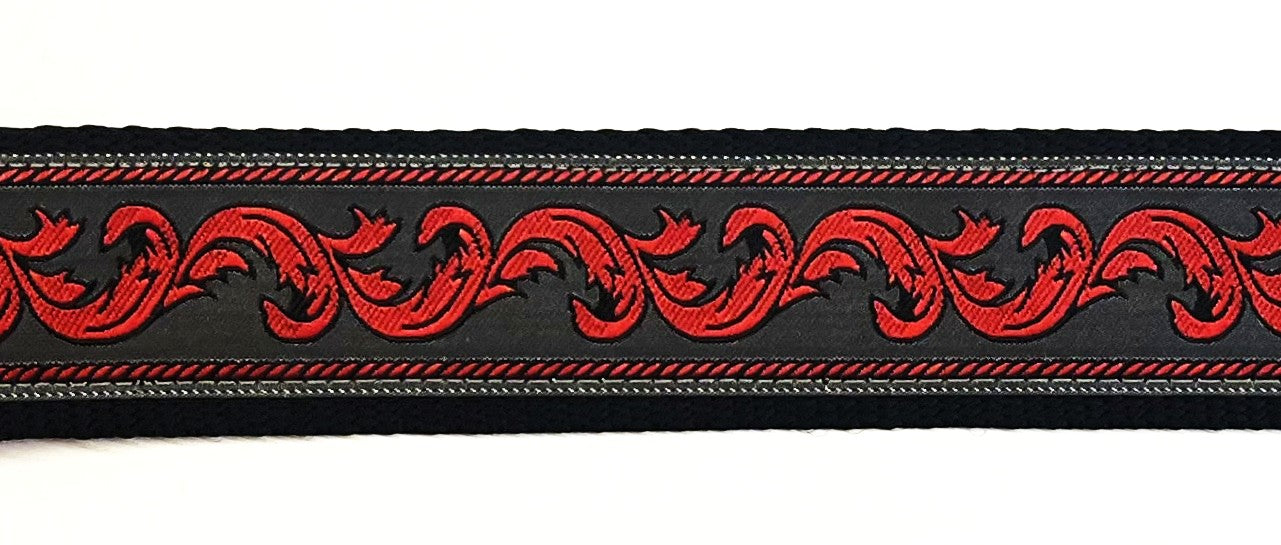 Black with Red Floral Flourish Dog Collar 1 1/2 in