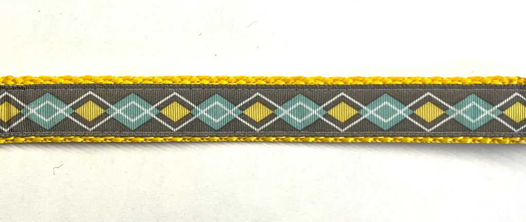 Gray with Seafoam Green and Yellow Argyle Design Dog Leash 3/4