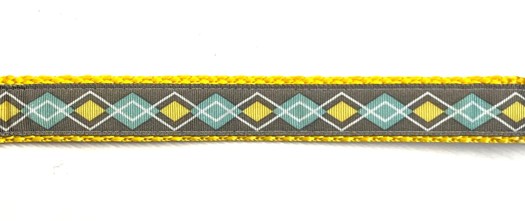 Gray with Seafoam Green and Yellow Argyle Design Dog Collar 3/4