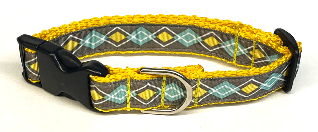 Gray with Seafoam Green and Yellow Argyle Design Dog Collar 3/4