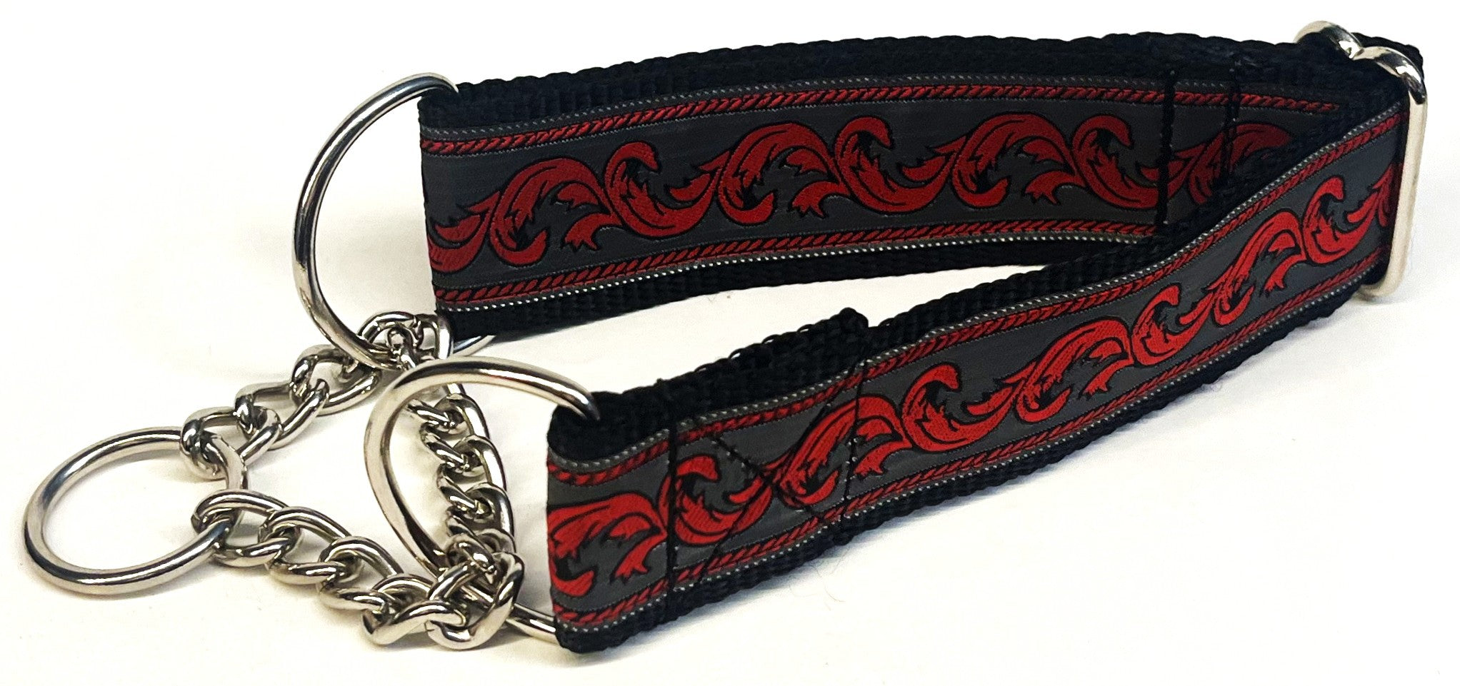 Gray with Red Floral Flourish Chain Martingale Collar 1 1/2 in
