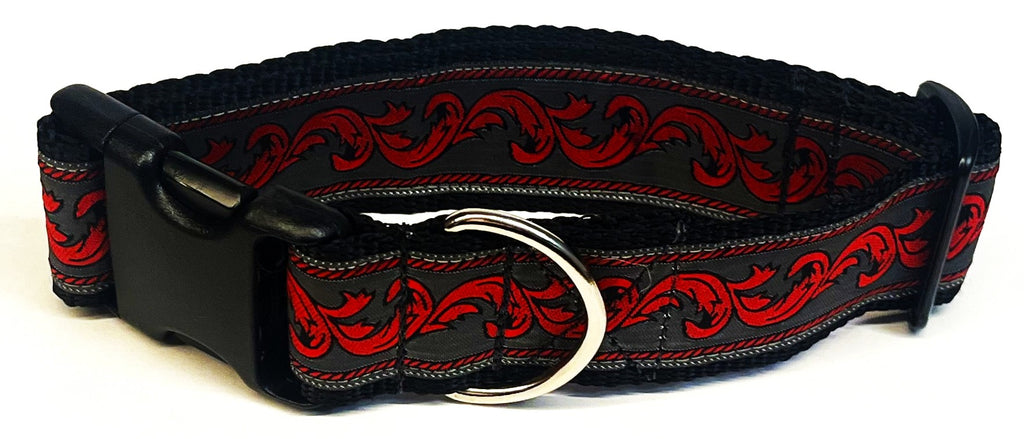 Gray with Red Floral Flourish Dog Collar 1 1/2 in
