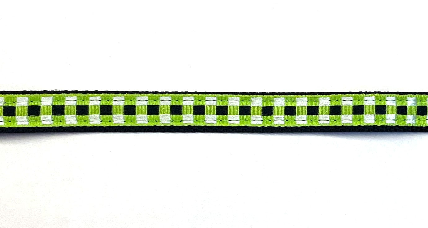 Green, black, and white plaid dog collar on black webbing, 1/2 inch width