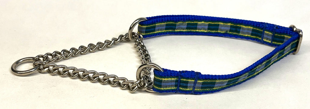 Green, Blue, Black & Yellow Plaid Chain Martingale Collar 1/2