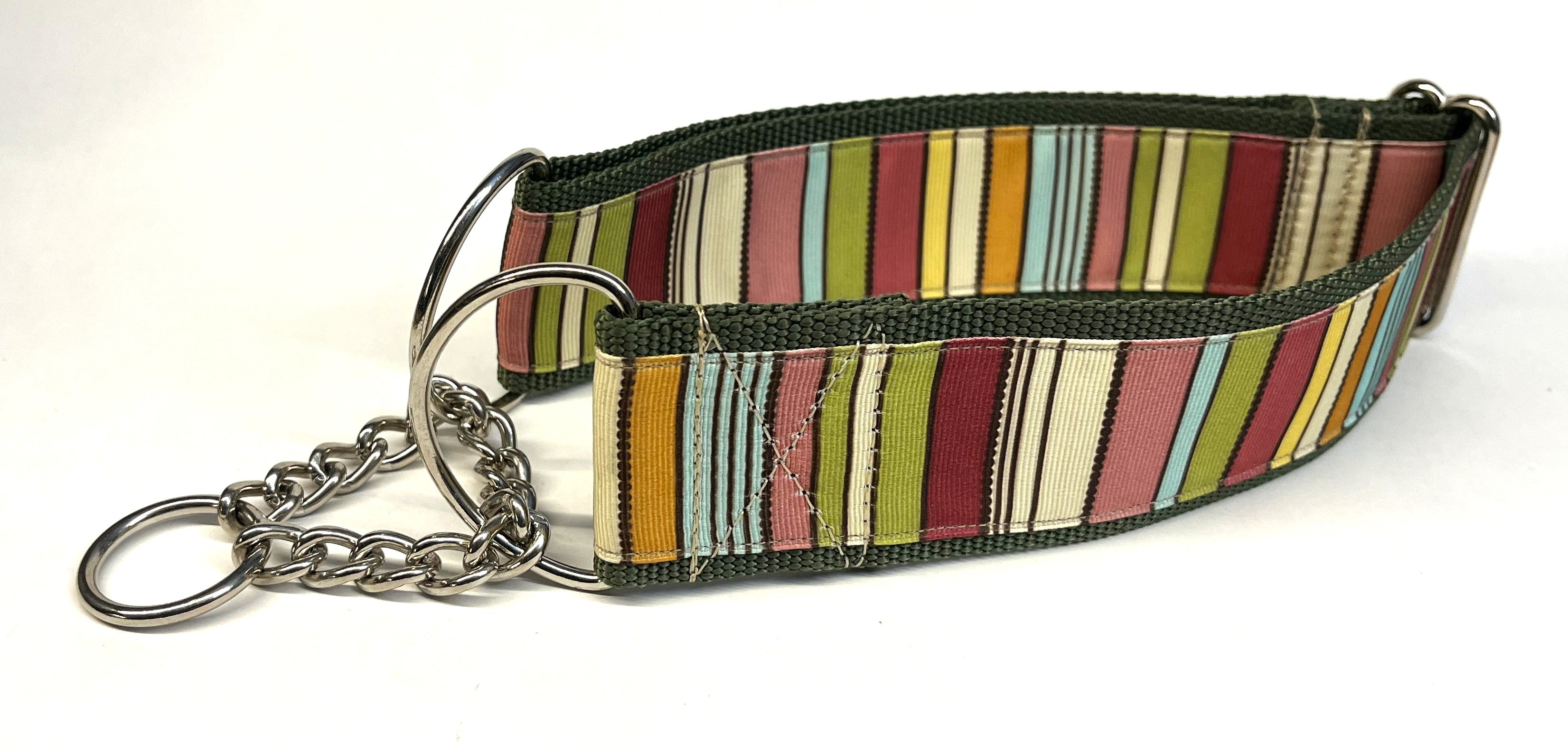 Green, Brown, White, Pink, Blue, Orange, Yellow Vertical Stripe Chain Martingale Collar 2in