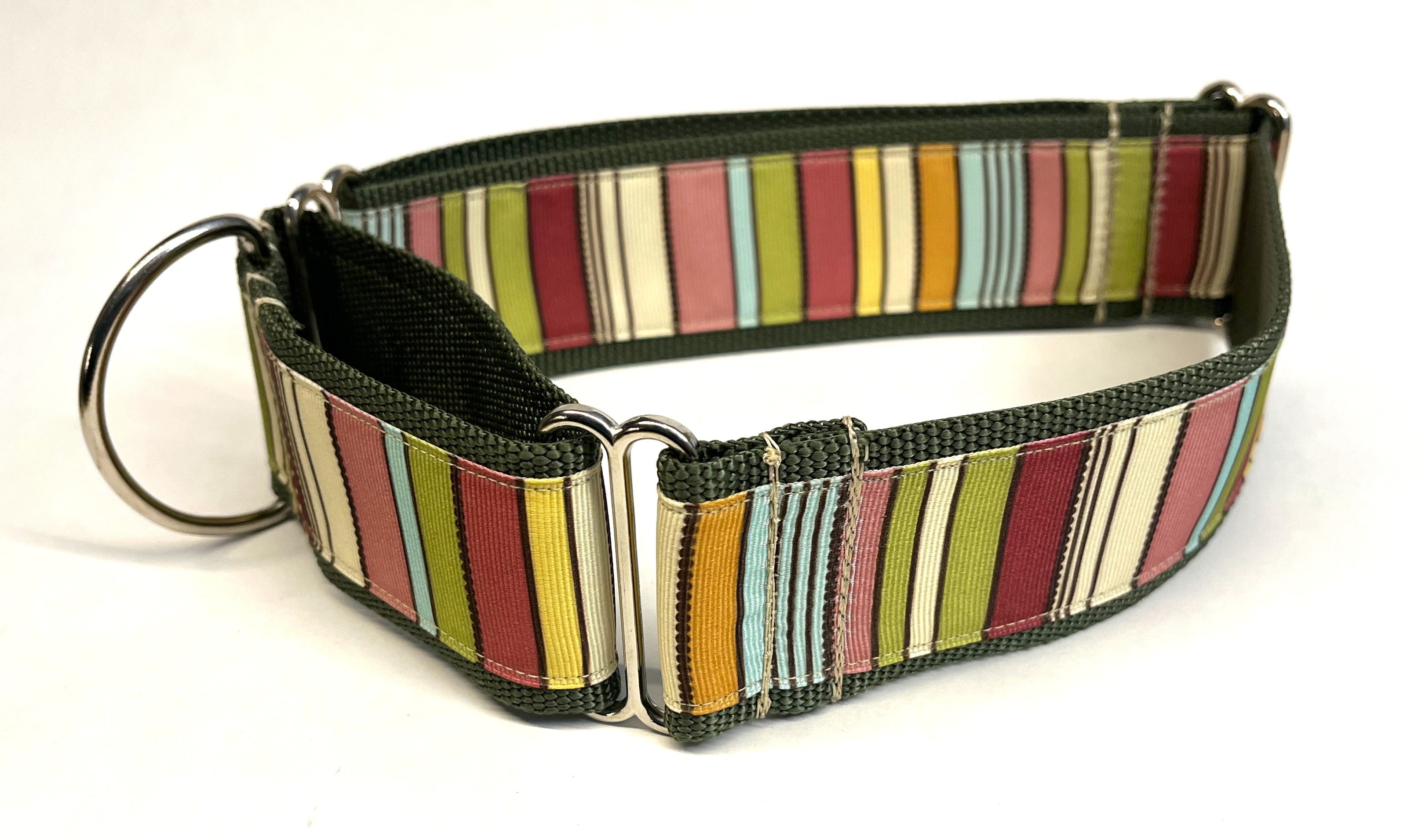 Green, Brown, White, Pink, Blue, Orange, Yellow Vertical Stripe Martingale Collar 2in