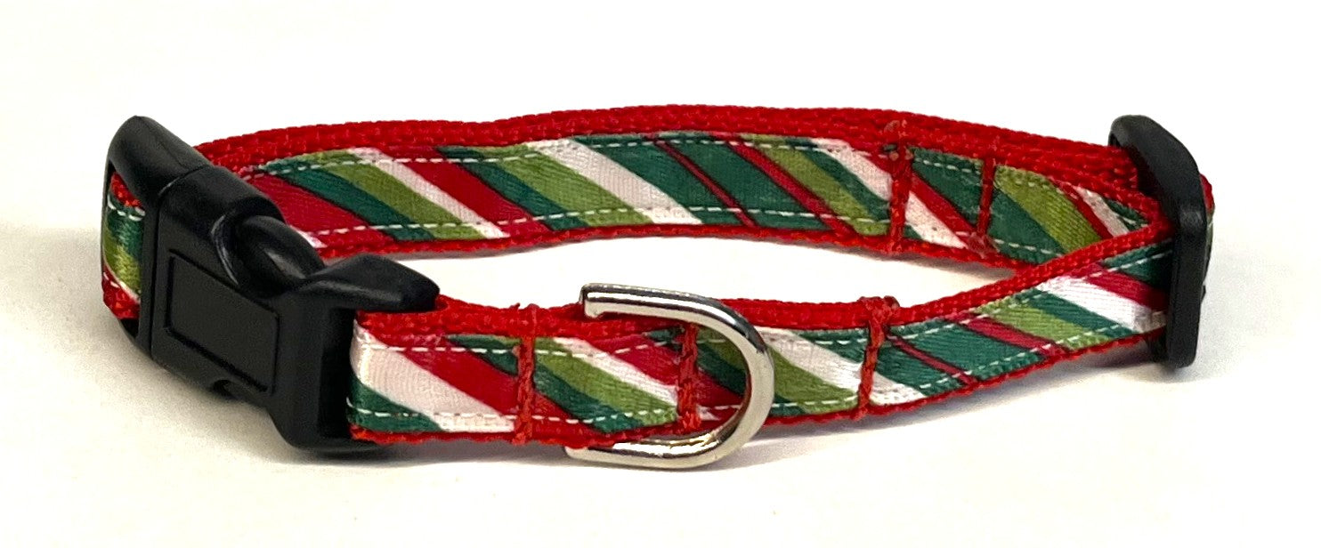 Green, Light Green, Red & White Diagonal Stripe Dog Collar 1/2
