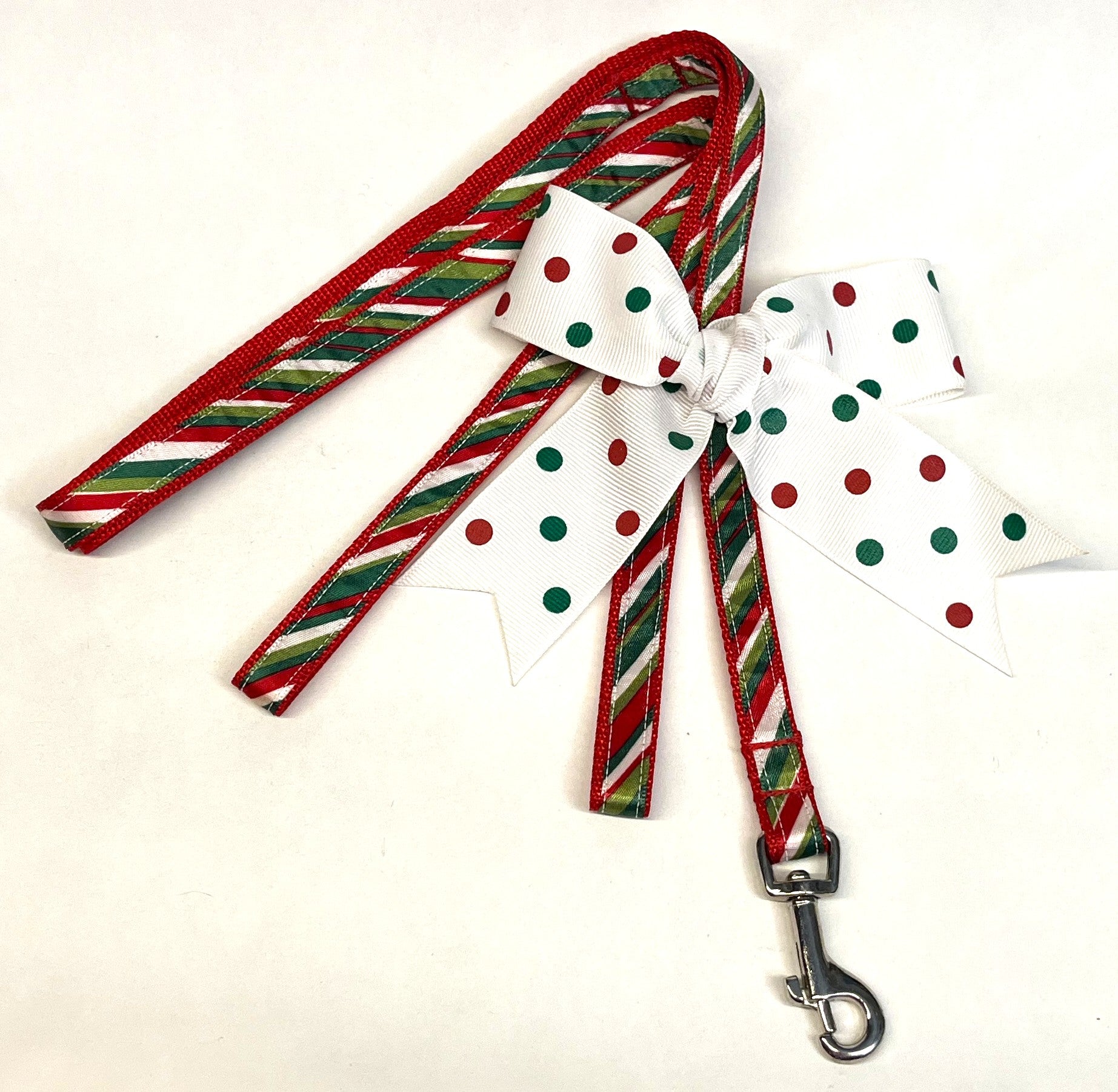 Green, Light Green, Red & White Diagonal Stripe Dog Leash 1/2