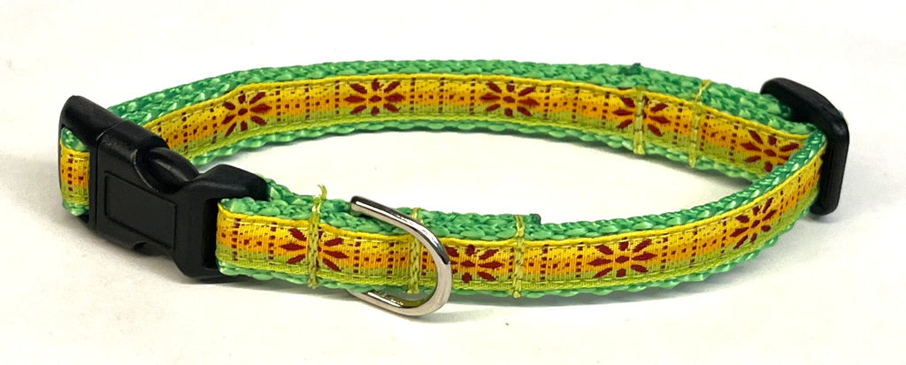 Green, Orange & Yellow Stripe with Burgundy Flower Dog Collar 1/2