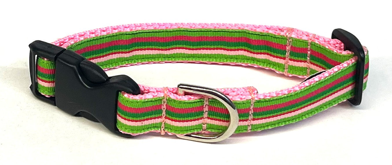 Green, Pink, Light Pink Stripe Dog Collar 3/4