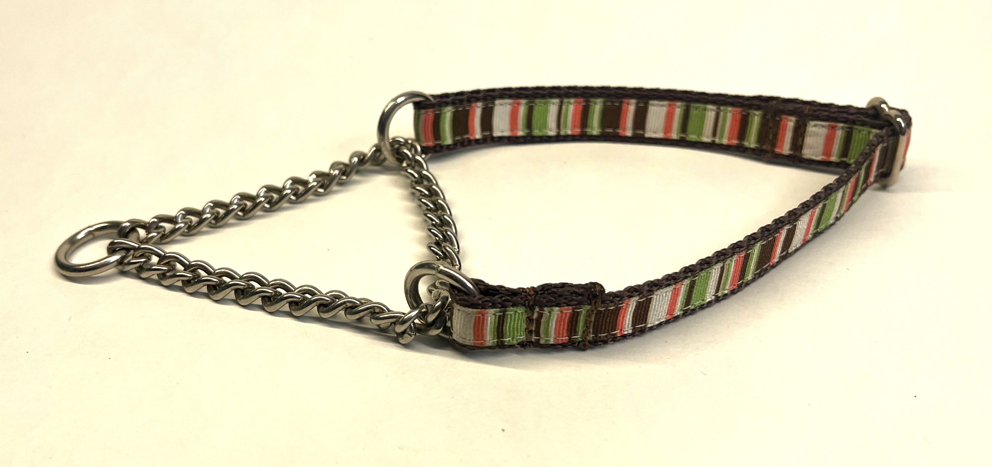 Green, Pink, White, and Brown Stripes Chain Martingale Collar 1/2