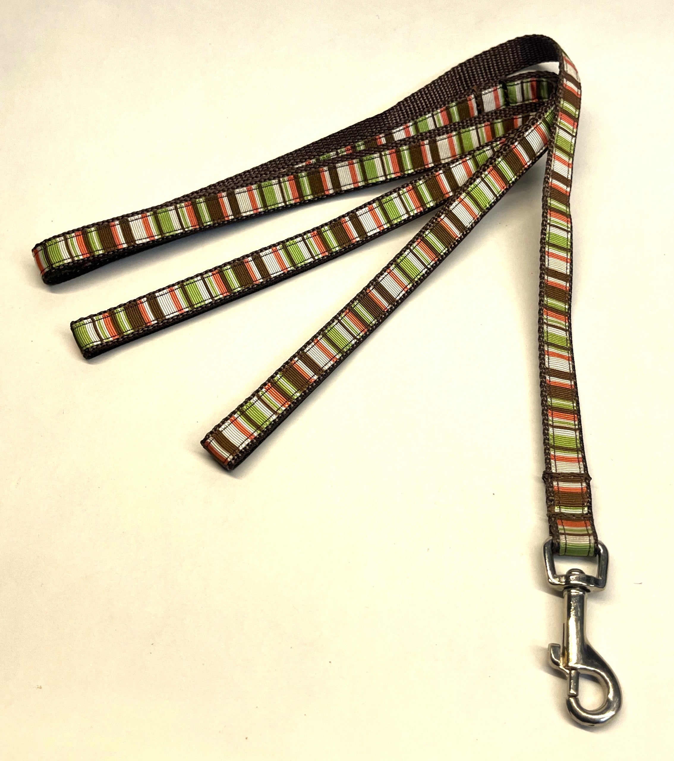 Green, Pink, White, and Brown Stripes Dog Leash 1/2