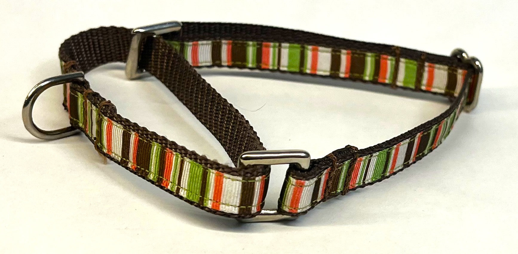 Green, Pink, White, and Brown Stripes Martingale Collar 1/2