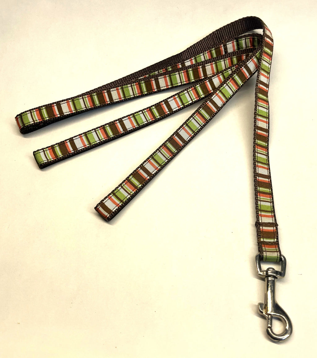 Green, Pink, White, and Brown Stripes Dog Leash 1/2