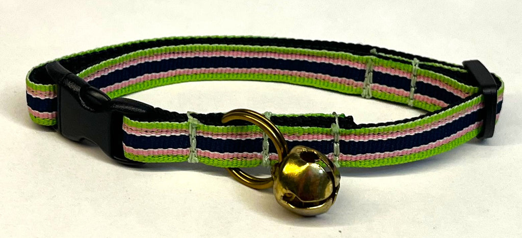 Green, Pink, White & Navy Stripe Cat Collar