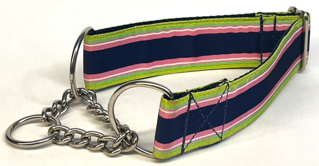 Lime Green, Pink, White, and Navy Stripe Chain Martingale Collar 1 1/2 in