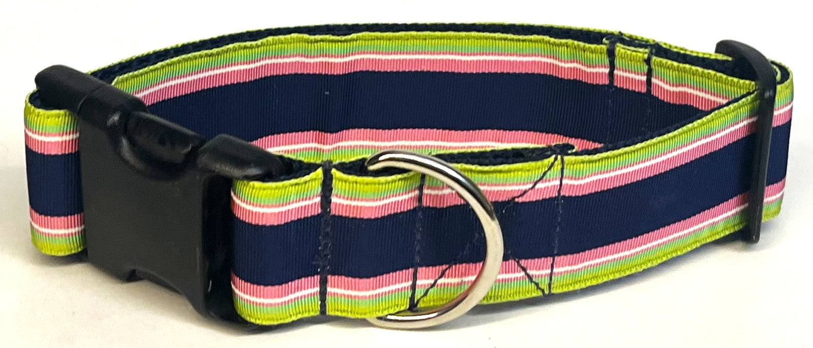 Lime Green, Pink, White, and Navy Stripe Dog Collar 1 1/2 in