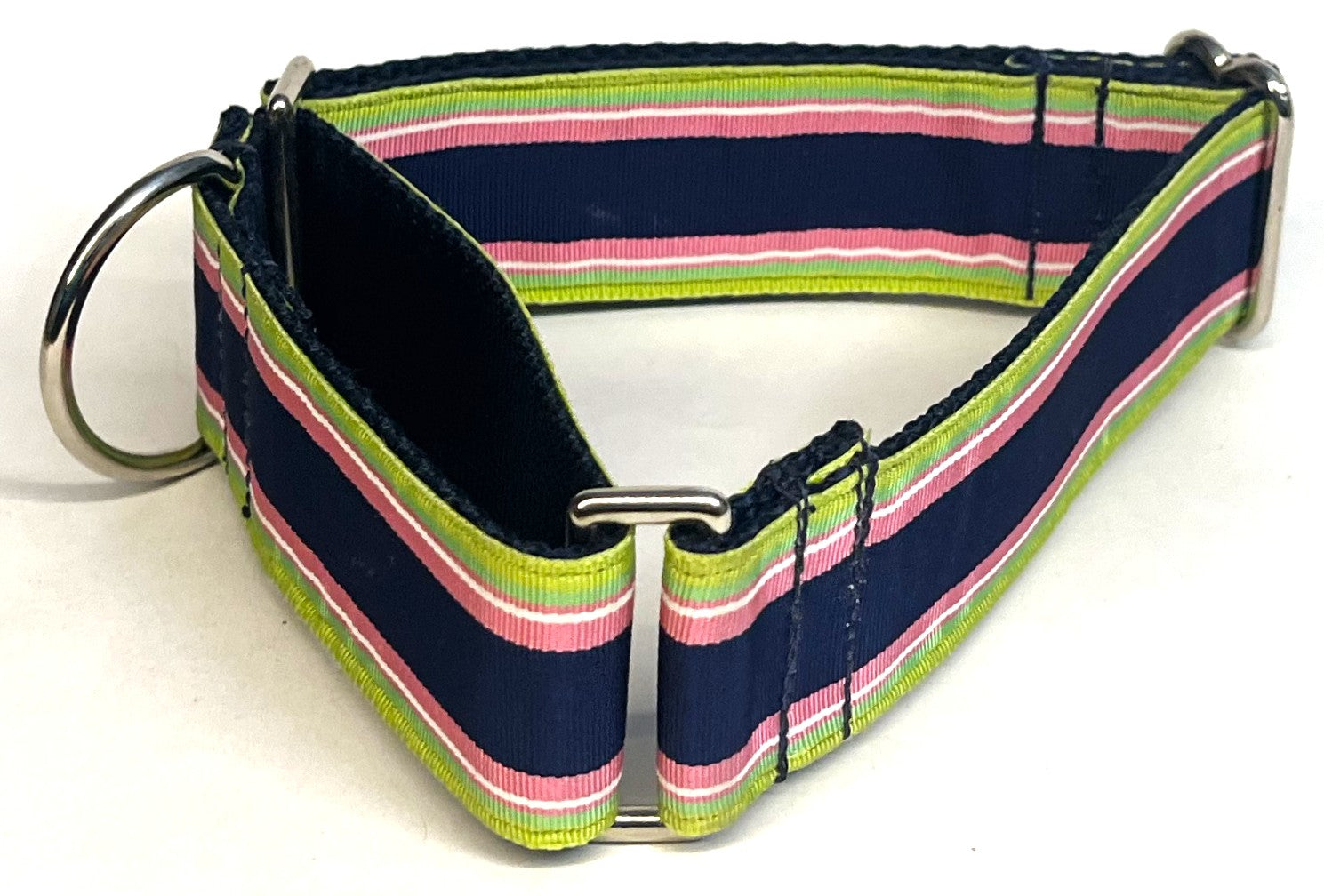 Lime Green, Pink, White, and Navy Stripe Martingale Collar 1 1/2 in