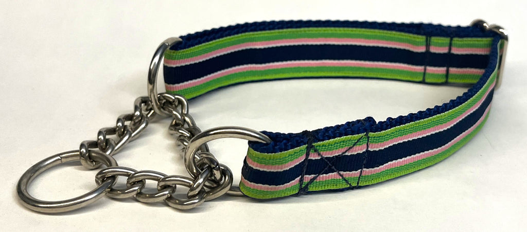Green, Pink, White, and Navy Stripe Chain Martingale Collar 1in