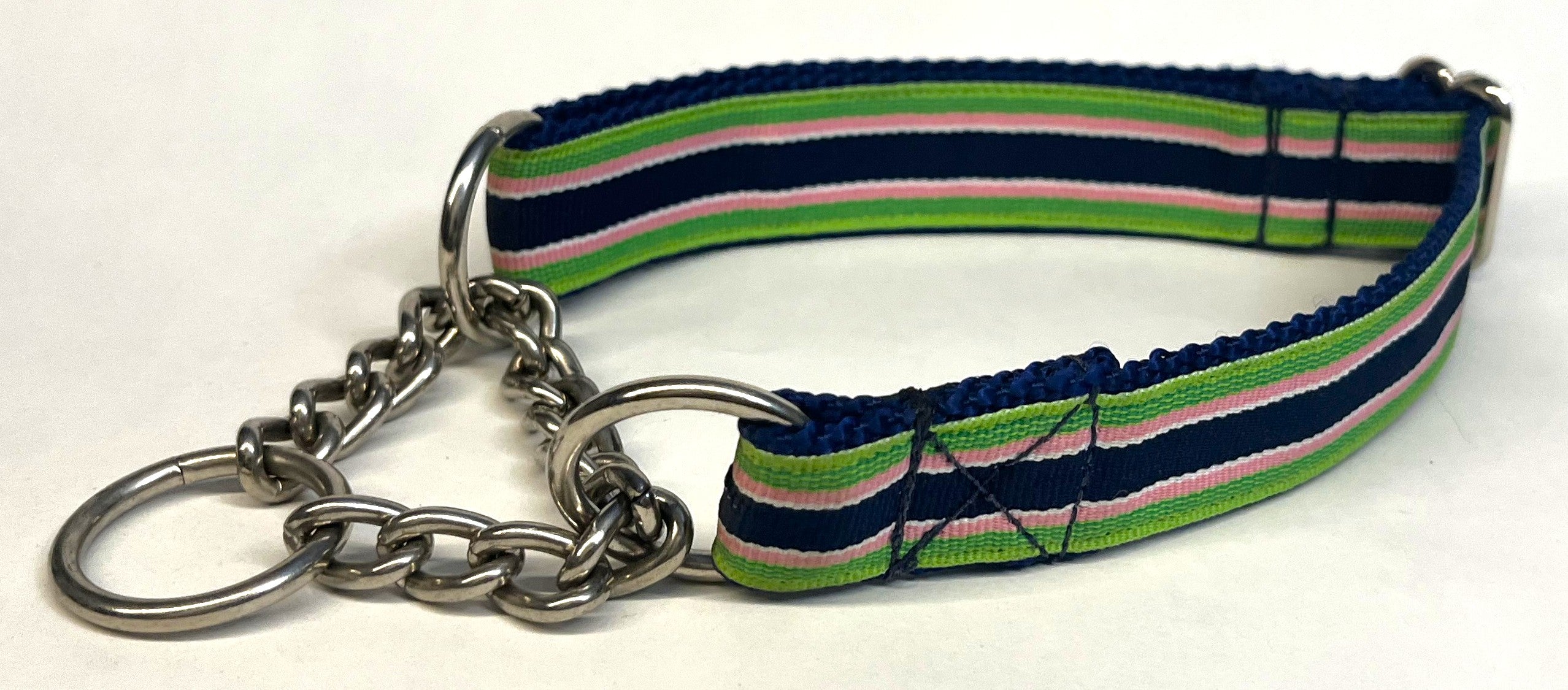Green, Pink, White, and Navy Stripe Chain Martingale Collar 1in