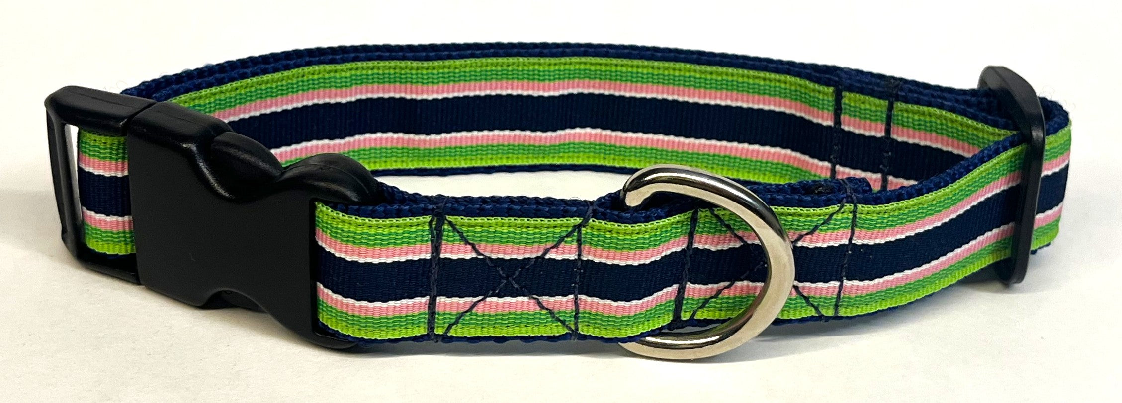 Green, Pink, White, and Navy Stripe Dog Collar 1in
