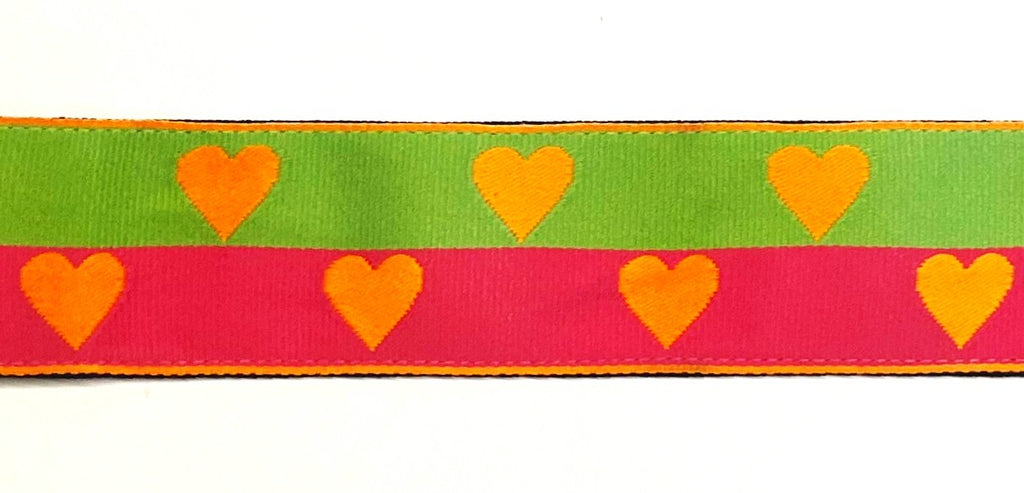 Green and pink with orange hearts dog collar 1 1/2 in