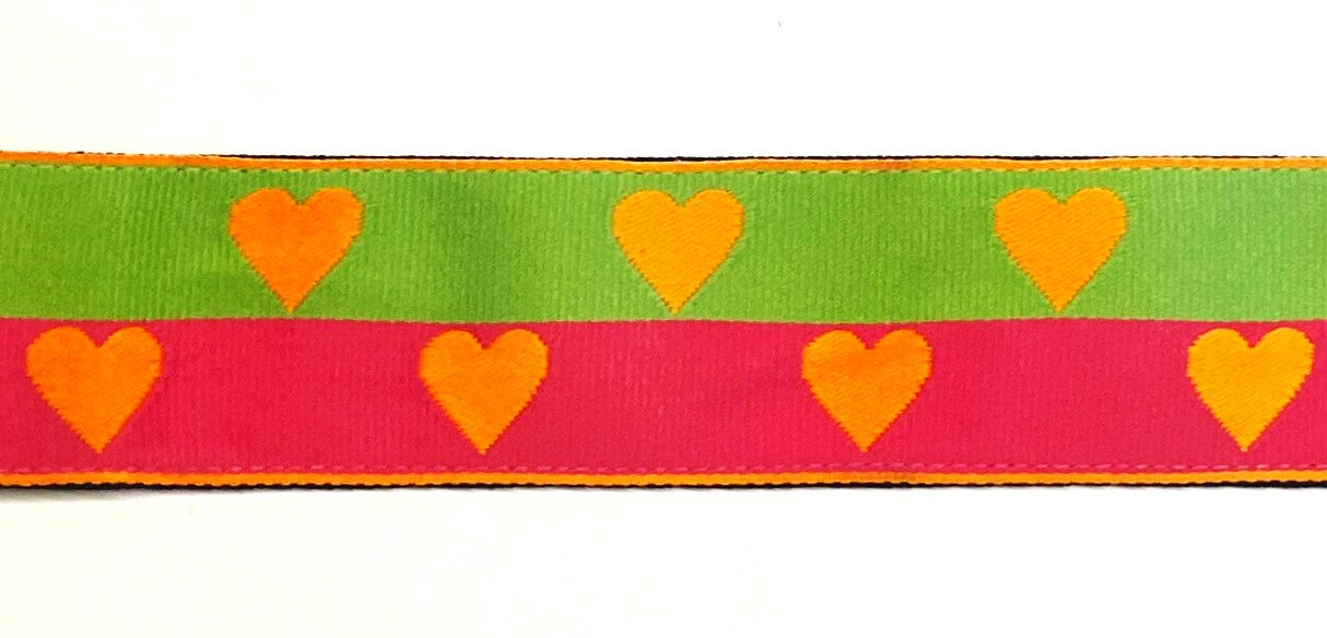 Green and pink with orange hearts dog collar 1 1/2 in