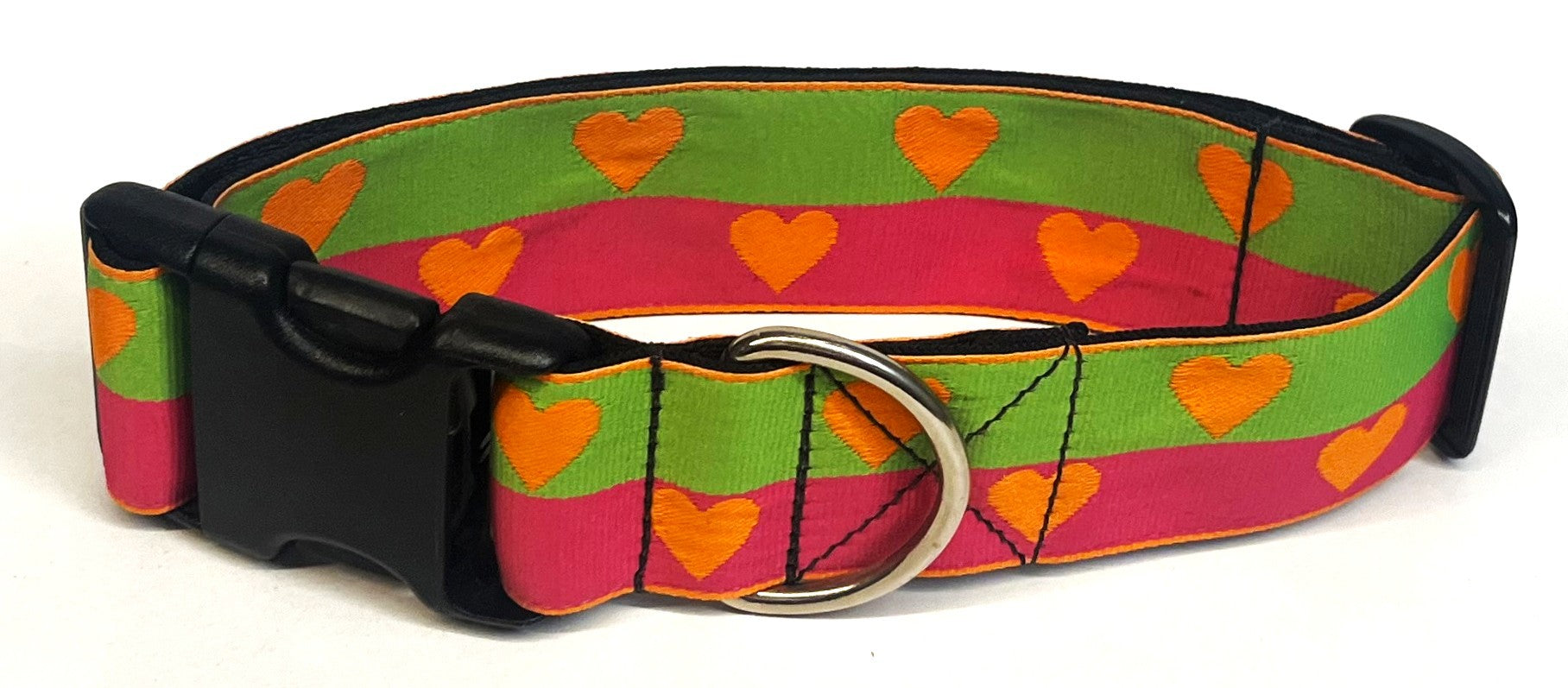 Green and Pink with Orange Hearts Dog Collar 1 1/2 in