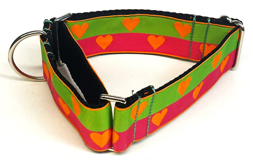 Green and Pink with Orange Hearts Martingale Collar 1 1/2 in