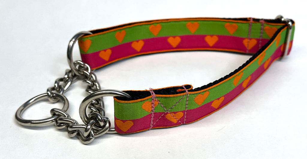 Green and Pink with Orange Hearts Chain Martingale Collar 1in