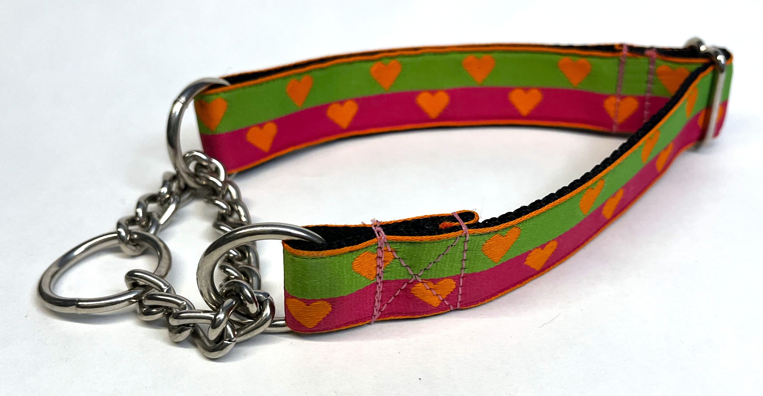 Green and Pink with Orange Hearts Chain Martingale Collar 1in