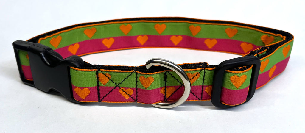 Green and Pink with Orange Hearts Dog Collar 1in