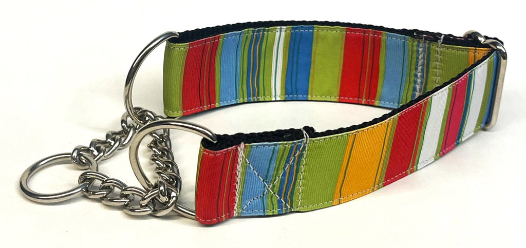 Green, Red, Blue, Yellow, White, and Pink Vertical Stripe Chain Martingale Collar 1 1/2 in