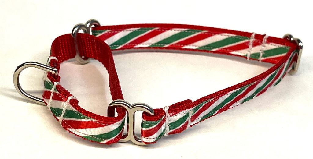 Green, Red, White Diagonal Stripe Martingale Collar 1/2