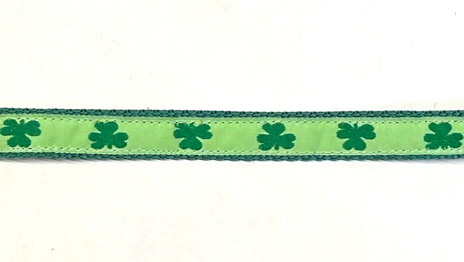 Lime green ribbon with dark green shamrocks dog collar on green webbing